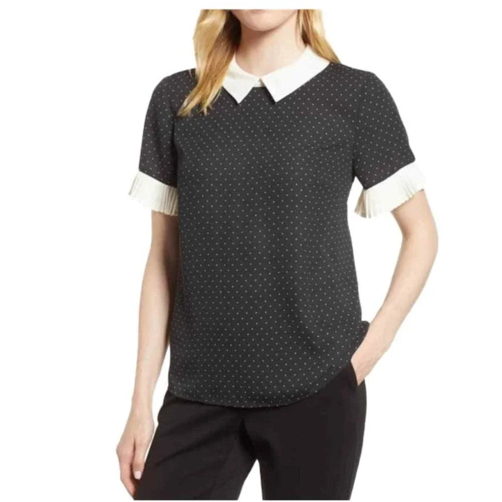 CeCe Womens Short Sleeve Polka Dot Collared Blouse Navy Blue White Size Medium - Picture 3 of 11